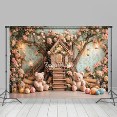 Lofaris Pink Dense Floral Tree House Bear Cake Smash Backdrop