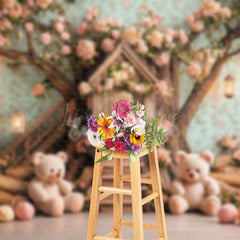 Lofaris Pink Dense Floral Tree House Bear Cake Smash Backdrop