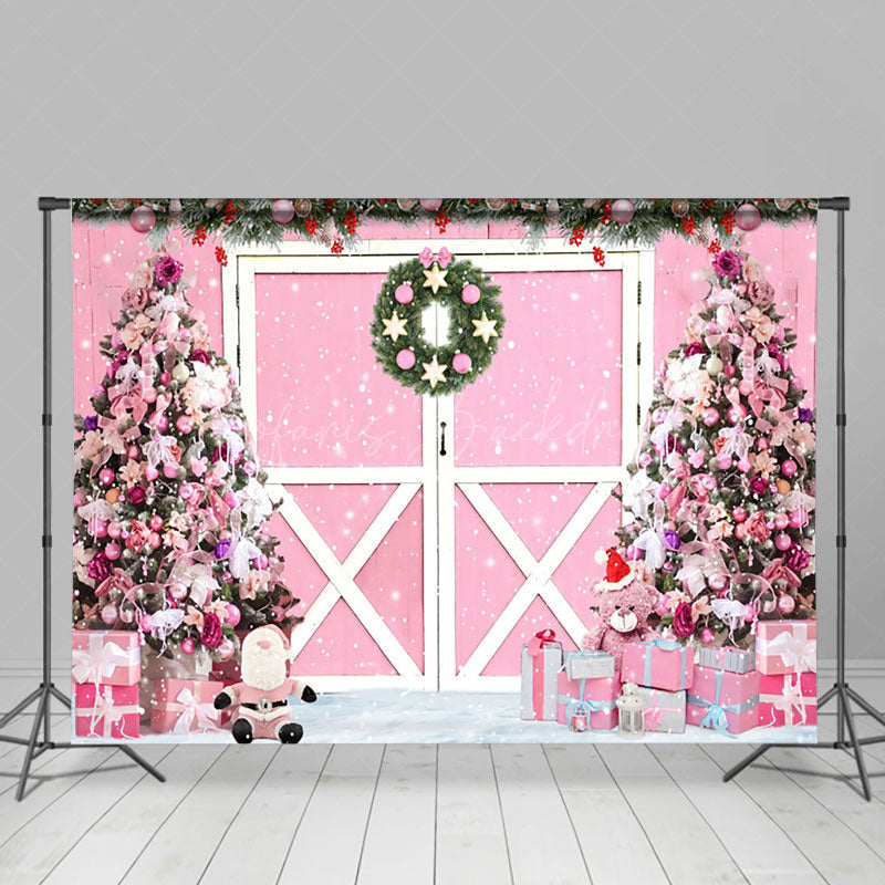 Lofaris Pink Door Wreath Christmas Tree Gifts Backdrop