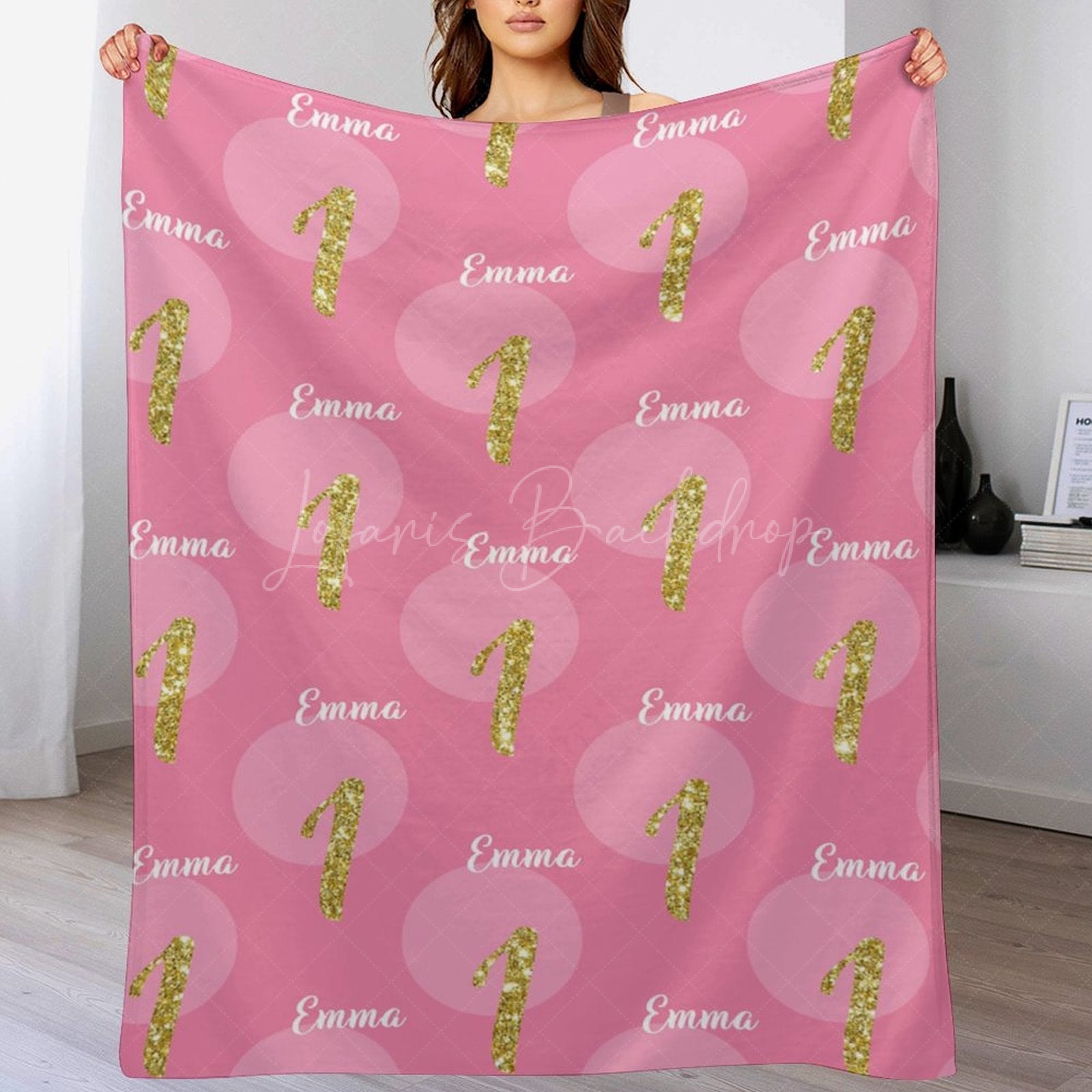 Lofaris Pink Dot Repeated Gold Glitter 1 Custom Name Blanket