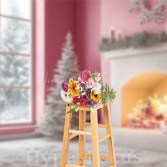 Lofaris Pink Fireplace Window Snow Forest Christmas Backdrop