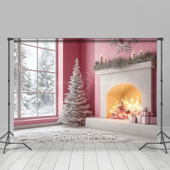 Lofaris Pink Fireplace Window Snow Forest Christmas Backdrop