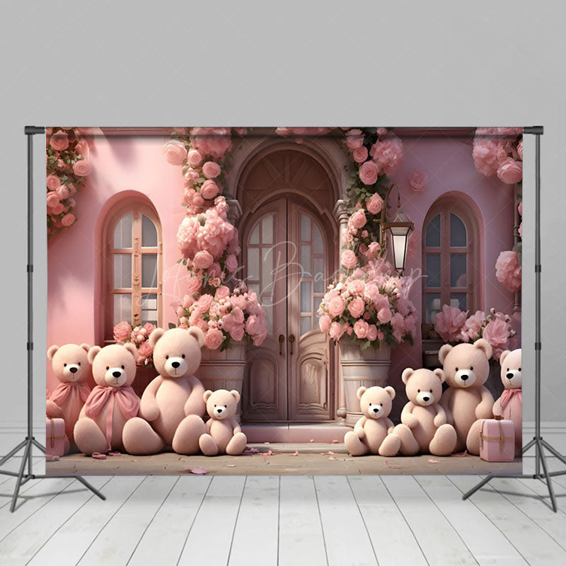 Lofaris Pink Floral House Teddy Bear Valentines Day Backdrop