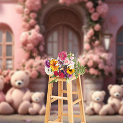 Lofaris Pink Floral House Teddy Bear Valentines Day Backdrop