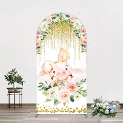 Lofaris Pink Floral Pig Gold Glitter Birthday Arch Backdrop