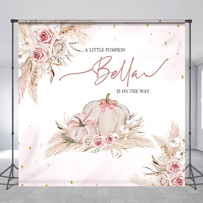 Lofaris Pink Floral Pumpkin Custom Name Baby Shower Backdrop