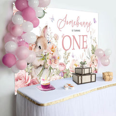 Lofaris Pink Floral Rabbit Somebunny 1st Birthday Backdrop