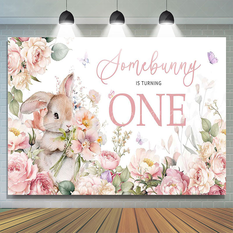 Lofaris Pink Floral Rabbit Somebunny 1st Birthday Backdrop