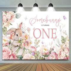 Lofaris Pink Floral Rabbit Somebunny 1st Birthday Backdrop