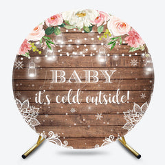 Lofaris Pink Floral Snowy Wooden Round Baby Shower Backdrop