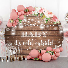 Lofaris Pink Floral Snowy Wooden Round Baby Shower Backdrop