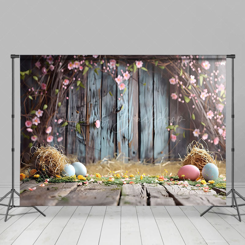 Lofaris Pink Floral Vine Wooden Floor Eggs Easter Backdrop