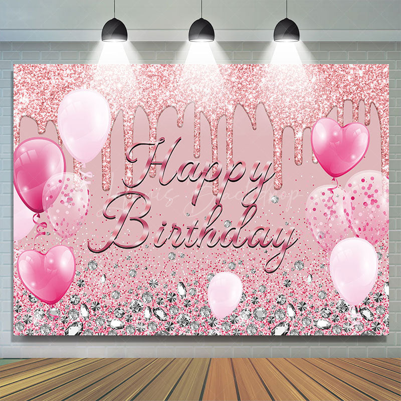 Lofaris Pink Glitter Balloon Diamond Happy Birthday Backdrop