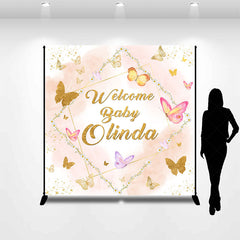 Lofaris Pink Gold Butterfly Custom Name Baby Shower Backdrop