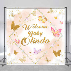 Lofaris Pink Gold Butterfly Custom Name Baby Shower Backdrop