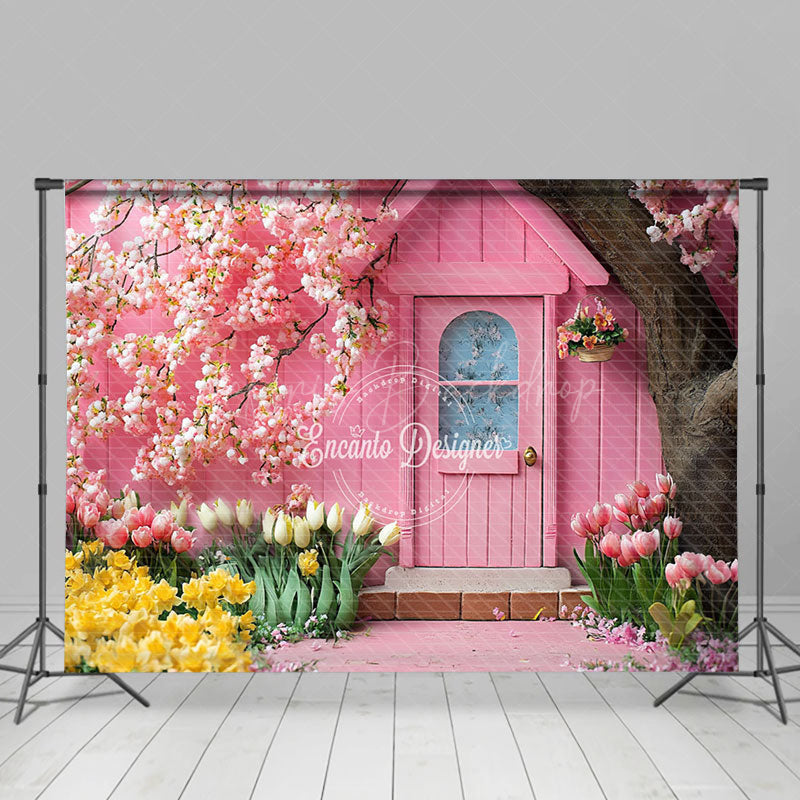 Lofaris Pink House Colorful Natural Floral Spring Backdrop