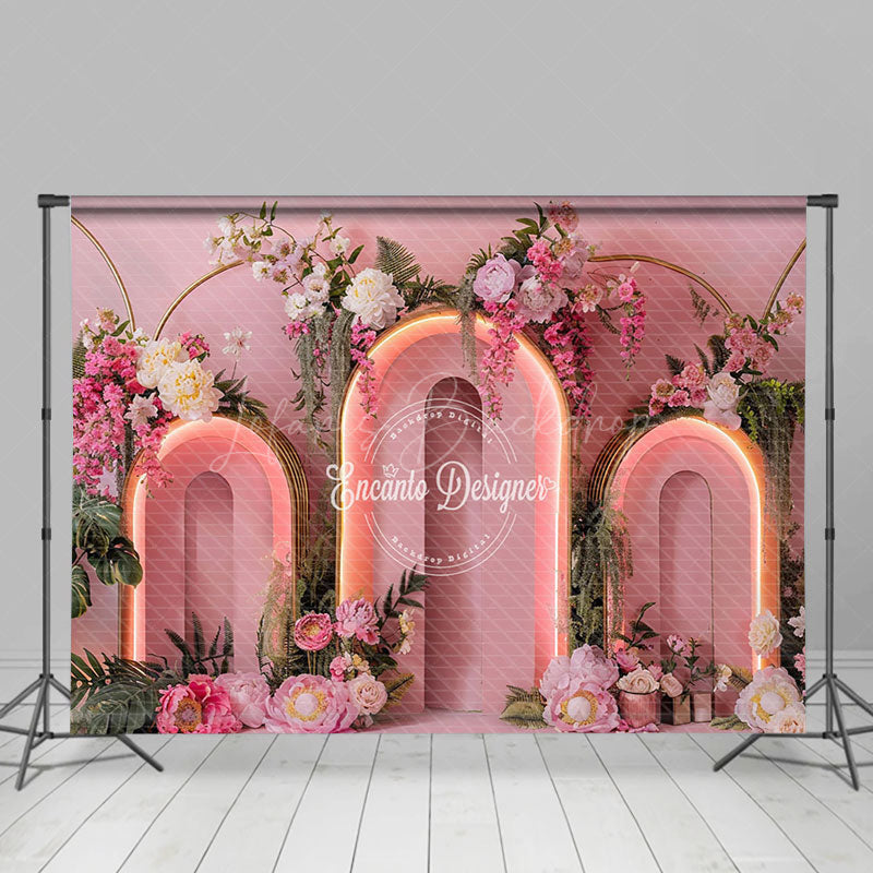 Lofaris Pink Lighted Arch Greenery Floral Wedding Backdrop