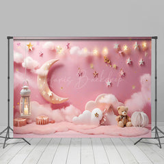 Lofaris Pink Lighted Star Wall Moon Night Cake Smash Backdrop