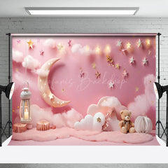 Lofaris Pink Lighted Star Wall Moon Night Cake Smash Backdrop