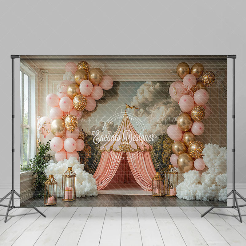 Lofaris Pink Luxury Tent Mural Balloons Cake Smash Backdrop