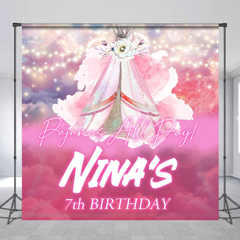 Lofaris Pink Pajamas All Day Custom 7th Birthday Backdrop