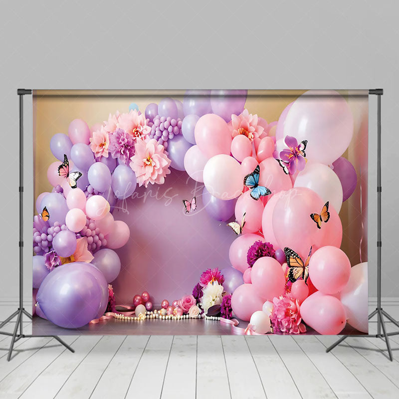 Lofaris Pink Purple Balloons Butterfly Cake Smash Backdrop