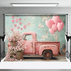 Lofaris Pink Retro Truck Shabby Green Wall Floral Backdrop