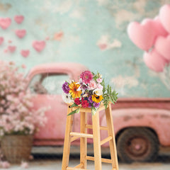 Lofaris Pink Retro Truck Shabby Green Wall Floral Backdrop