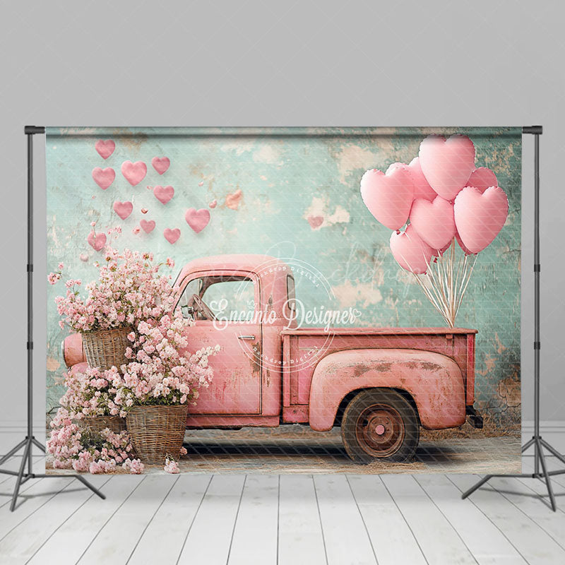 Lofaris Pink Retro Truck Shabby Green Wall Floral Backdrop