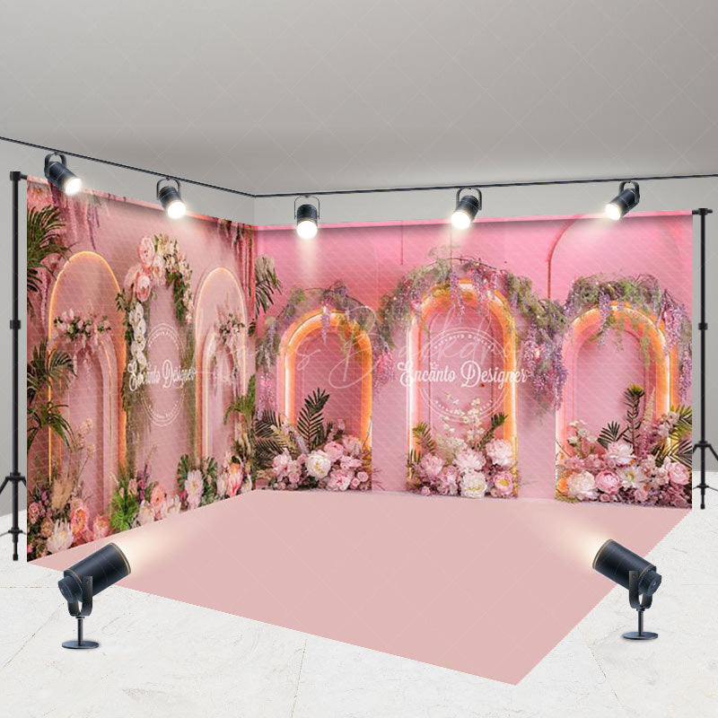 Lofaris Pink Romantic Arch Floral Wedding Room Set Backdrop