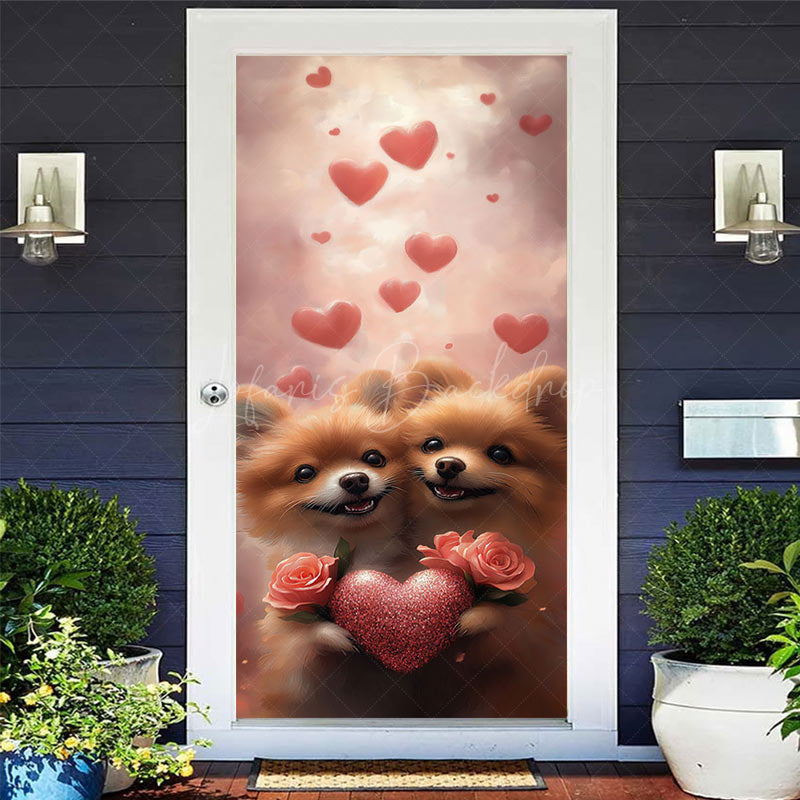 Lofaris Pink Romantic Hearts Dogs Valentines Day Door Cover