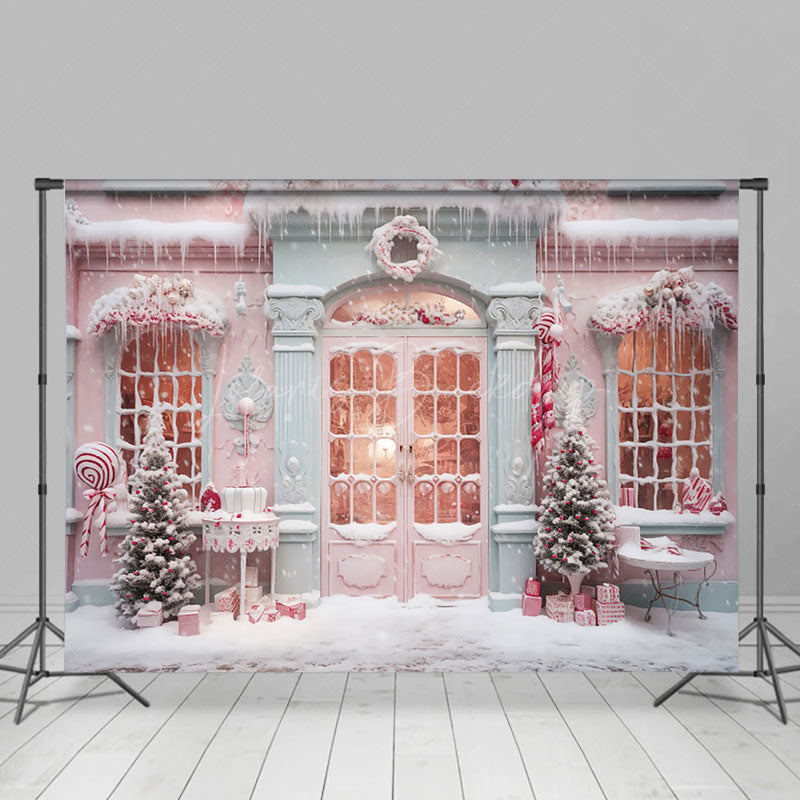 Lofaris Pink Snowy House Girl Winter Photography Backdrop