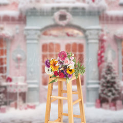 Lofaris Pink Snowy House Girl Winter Photography Backdrop