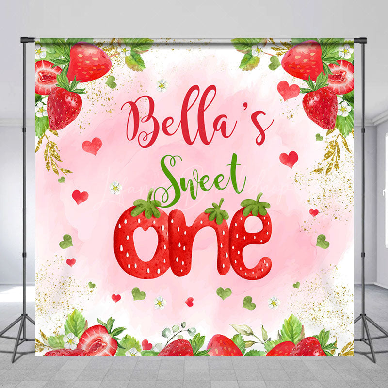 Lofaris Pink Strawberry Custom Name One Birthday Backdrop