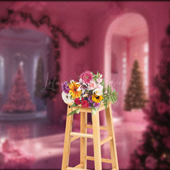 Lofaris Pink Vintage House Xmas Tree Christmas Vibe Backdrop