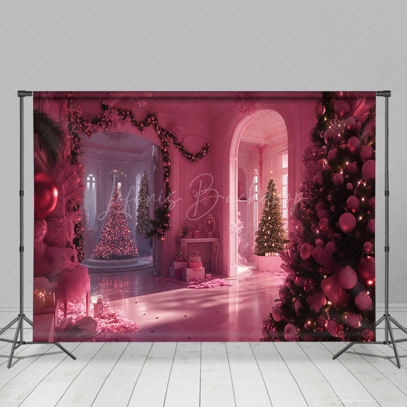 Lofaris Pink Vintage House Xmas Tree Christmas Vibe Backdrop