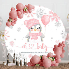 Lofaris Pink White Snowy Penguin Round Baby Shower Backdrop