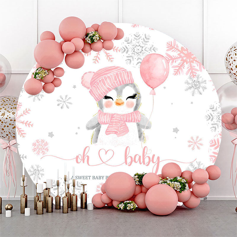 Lofaris Pink White Snowy Penguin Round Baby Shower Backdrop