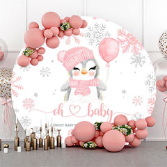 Lofaris Pink White Snowy Penguin Round Baby Shower Backdrop