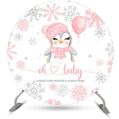 Lofaris Pink White Snowy Penguin Round Baby Shower Backdrop