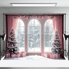 Lofaris Pink Window Snowy Forest Scene Christmas Backdrop