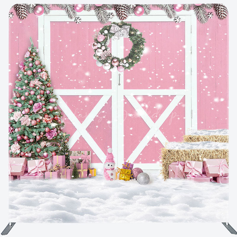 Lofaris Pink Wood Barn Door Christmas Tension Fabric Backdrop