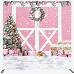 Lofaris Pink Wood Barn Door Christmas Tension Fabric Backdrop