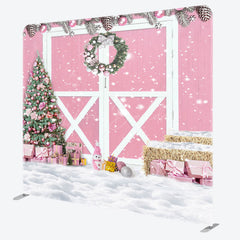 Lofaris Pink Wood Barn Door Christmas Tension Fabric Backdrop