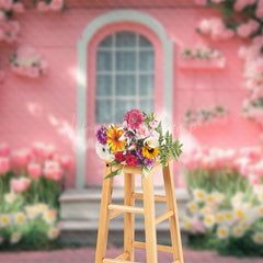 Lofaris Pink Wood Garden Cabin Floral Spring Photo Backdrop