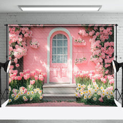 Lofaris Pink Wood Garden Cabin Floral Spring Photo Backdrop