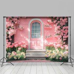 Lofaris Pink Wood Garden Cabin Floral Spring Photo Backdrop