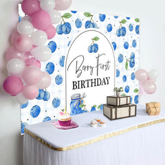 Lofaris Plaid Fresh Blueberry First Happy Birthday Backdrop