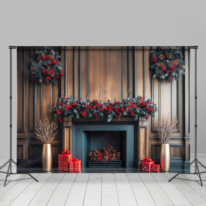 Lofaris Poinsettia Fireplace Winter Christmas Photo Backdrop