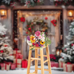 Lofaris Poinsettia Wreath Barn Door Christmas Photo Backdrop